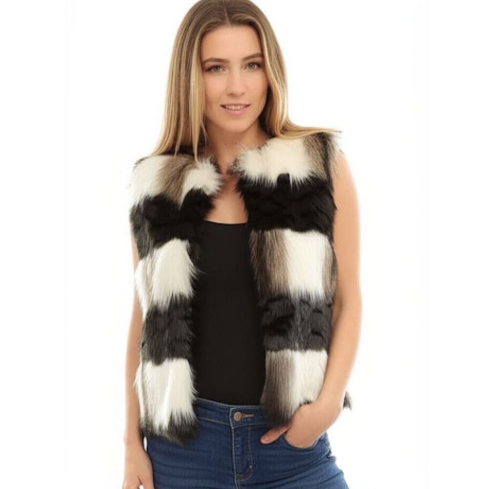 Lord & Taylor Design Lab Black & White Checkered Print Faux Fur Vest Size Small